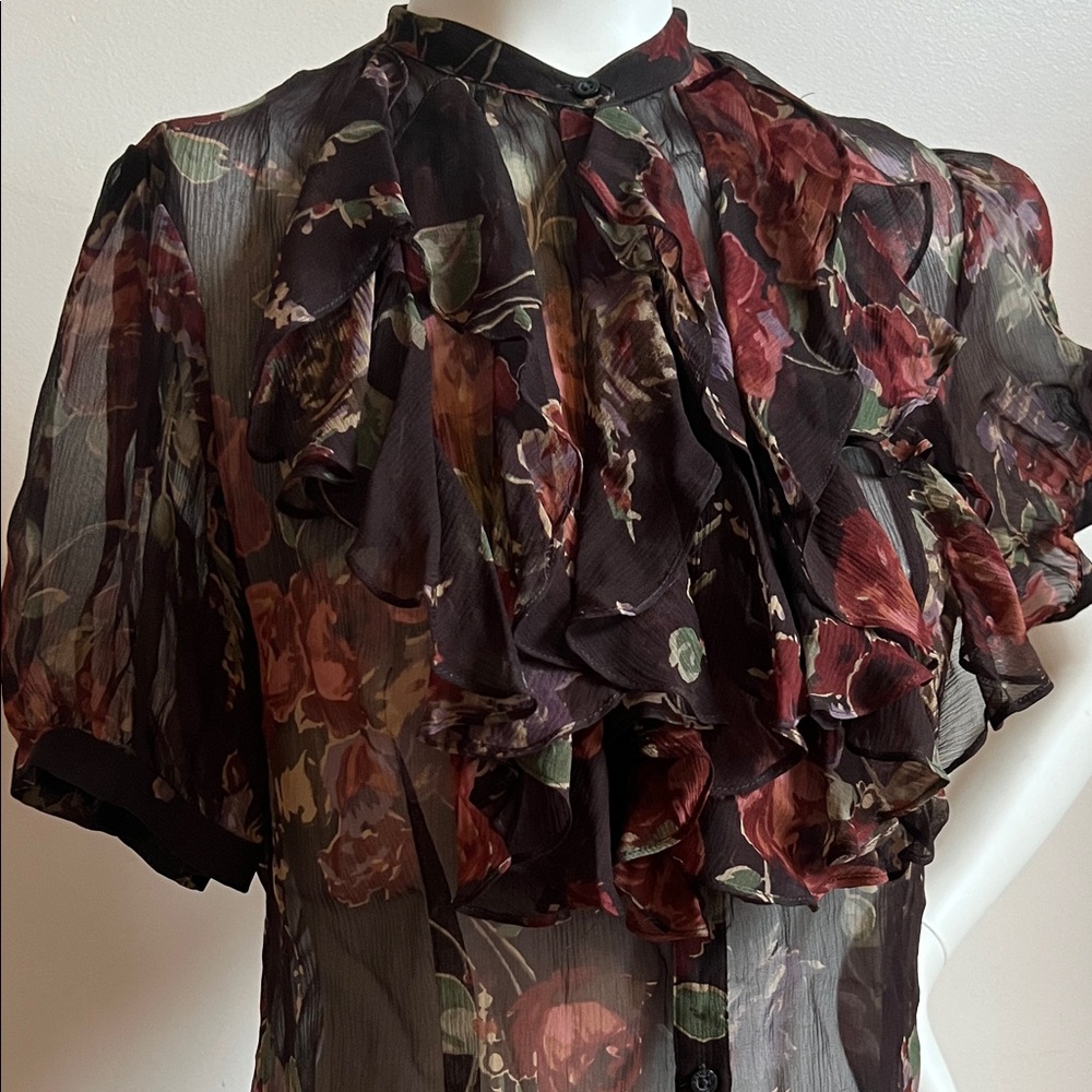 Ralph Lauren Black Sheer Floral Ruffle Blouse - Picture 4 of 7